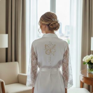 Peignoir de mariée satin blanc avec manches en dentelle Cyrielle