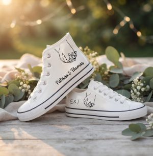 baskets de mariée blanches prénoms – basses ou montantes, fin de série personnalisée