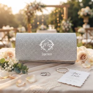 pochette de mariage argentée pailletée personnalisée – motif « mrs » & nom