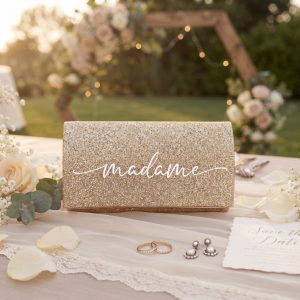 Pochette de Mariage Champagne Pailletée « Madame » – Inscription Élégante