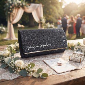 Sac clutch de mariée paillettes noires et détails argentés "Appelez-moi Madame"